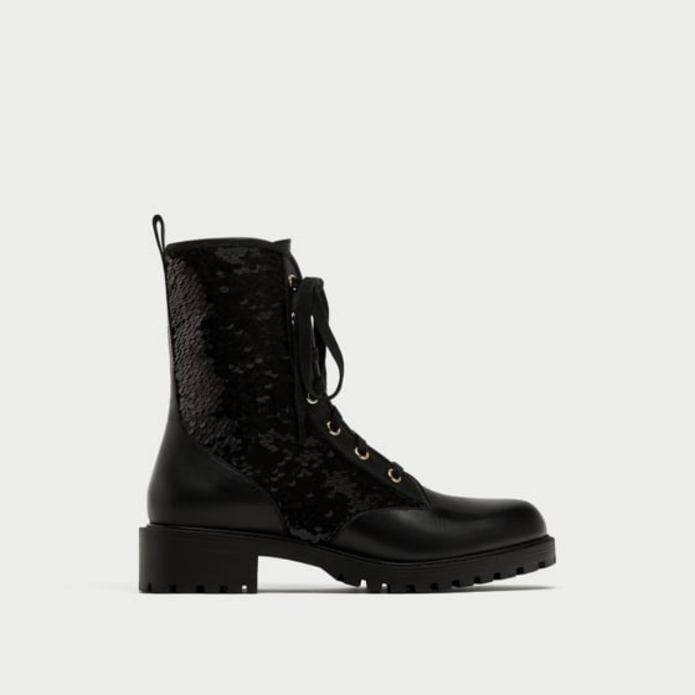 Zara Gold Black Sequined Leather Combat Boots 35 - Picture 4 of 4